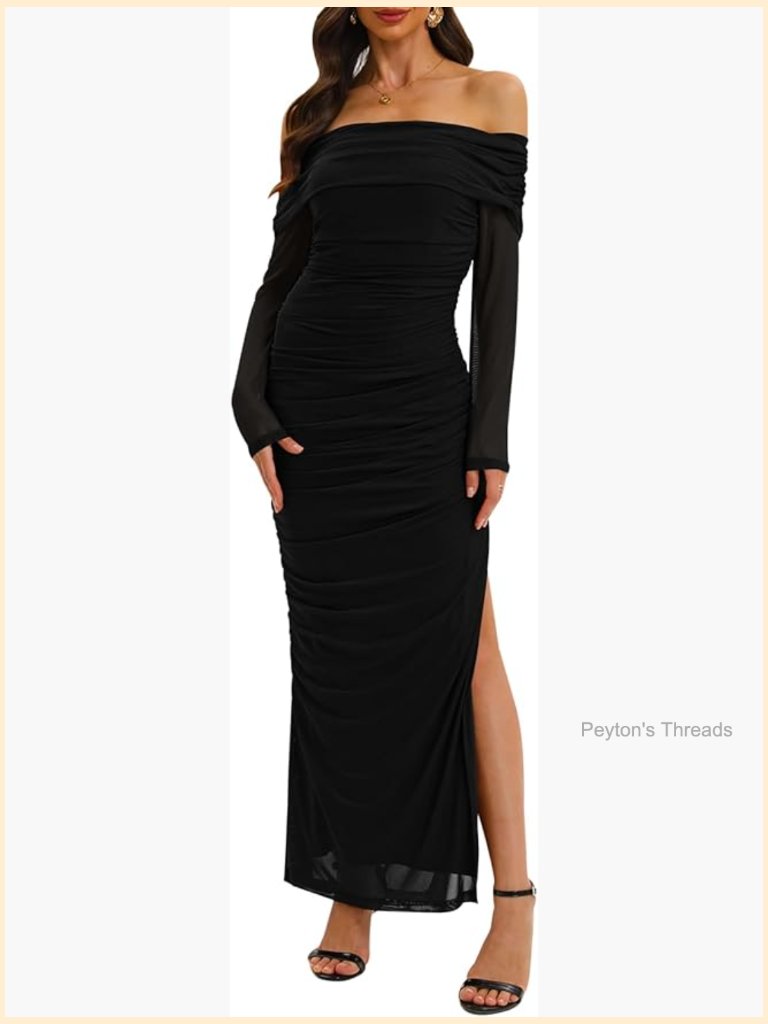 Off Shoulder Long Sleeve Bodycon Mesh Ruched High Split Maxi Dress